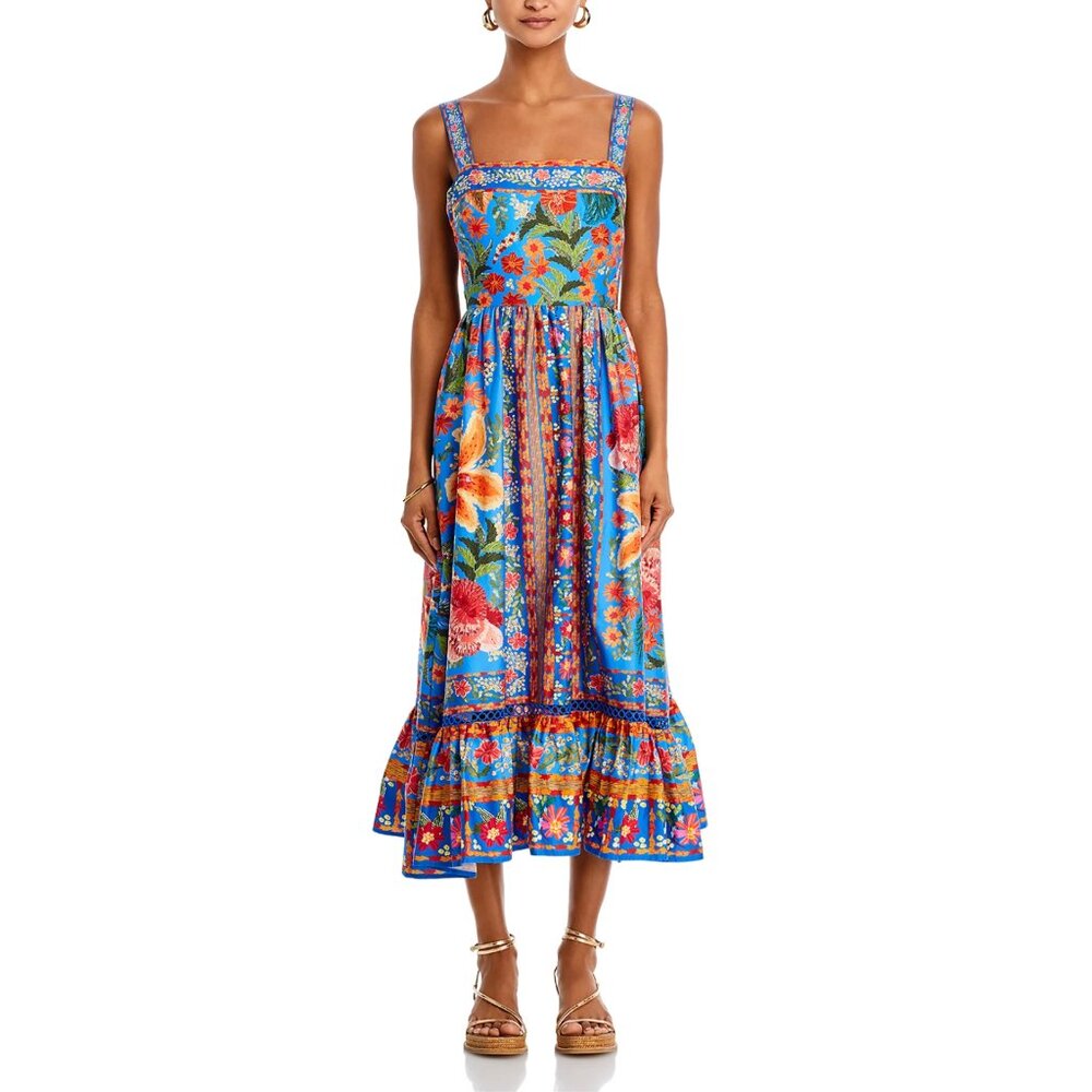 FARM Rio Vibrant Blue Floral Midi Dress with Orange & Pink Blooms - Picture 7 of 16